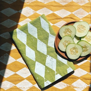 linen dinner napkins. diamonds on chartreuse green. hand block printed. placemats / tea towel. hostess gifting. birthday dinner party decor.