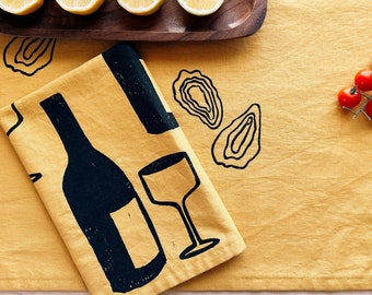 linen dinner napkins. wine on mustard. hand block printed. placemats / tea towel. hostess gifting. birthday or dinner party decor.