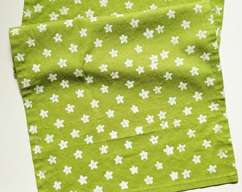 hand block printed table runner. mini florals on chartreuse green. boho decor. linen tablecloth. birthday or dinner party decor.