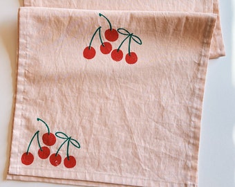 hand block printed table runner. red cherry on blush pink. boho decor. linen tablecloth. birthday or dinner party decor.