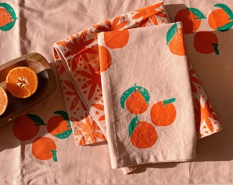 linen dinner napkins. blush tangerines. hand block printed. placemats / tea towel. coastal. boho decor. hostess gifting. easter.