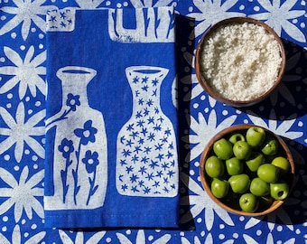 linen dinner napkins. white vessels. hand block printed. placemats / tea towel. vases. boho decor. hostess gifting.