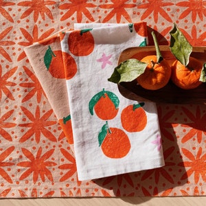 linen dinner napkins. white tangerines. hand block printed. placemats / tea towel. coastal. boho decor. hostess gifting. mother's day. image 1