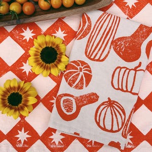 Hand Block Printed Linen Napkins: Orange Gourds, Fall Thanksgiving Decor
