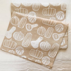 white pumpkins. hand block printed linen table runner. entertaining. hostess gift. tablecloth. autumn. thanksgiving. halloween. boho. fall.
