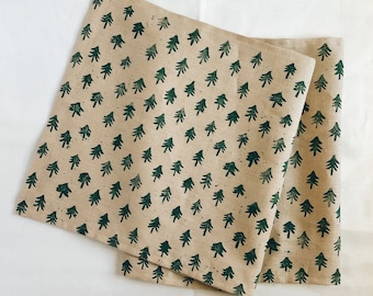 mini trees. block printed linen table runner. entertaining. hostess gift. tablecloth. christmas. holiday decor. forest. gift. holiday party.