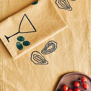 hand block printed table runner. oysters on mustard. boho decor. linen tablecloth. birthday or dinner party decor. image 2