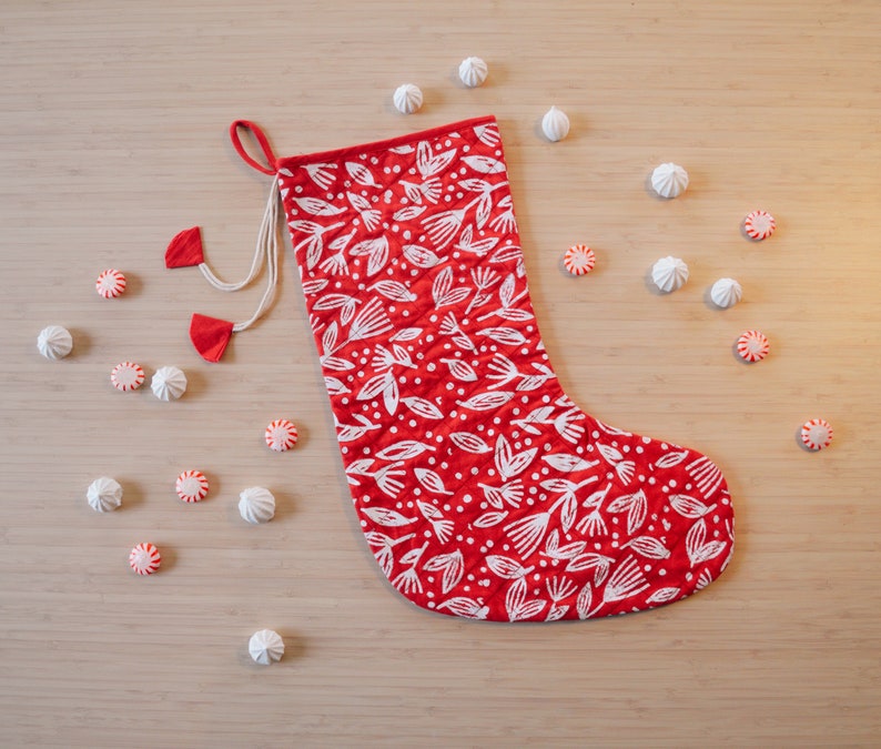 Christmas Stocking - Winter Berry Print / Hand block printed. Quilted with tassel. Botanic, Red, Heirloom, Gift.