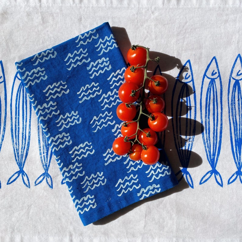 linen dinner napkins. blue mini waves. hand block printed. placemats / tea towel. coastal. boho decor. hostess gifting. image 4