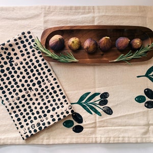 linen dinner napkins. black pebbles on oatmeal. hand block printed / placemats / tea towel. boho. neutral. thanksgiving dinner napkins. image 6