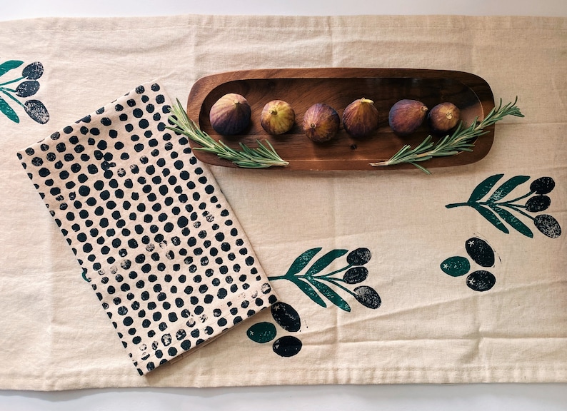 linen dinner napkins. black pebbles on oatmeal. hand block printed / placemats / tea towel. boho. neutral. thanksgiving dinner napkins. image 6