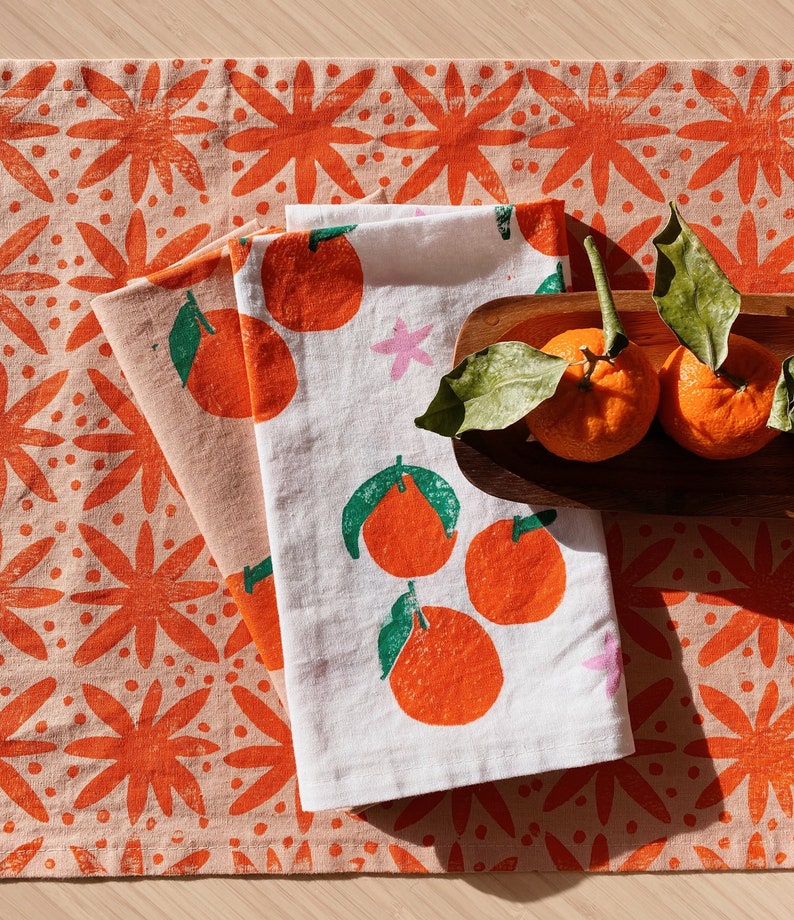 linen dinner napkins. white tangerines. hand block printed. placemats / tea towel. coastal. boho decor. hostess gifting. mother's day. image 1