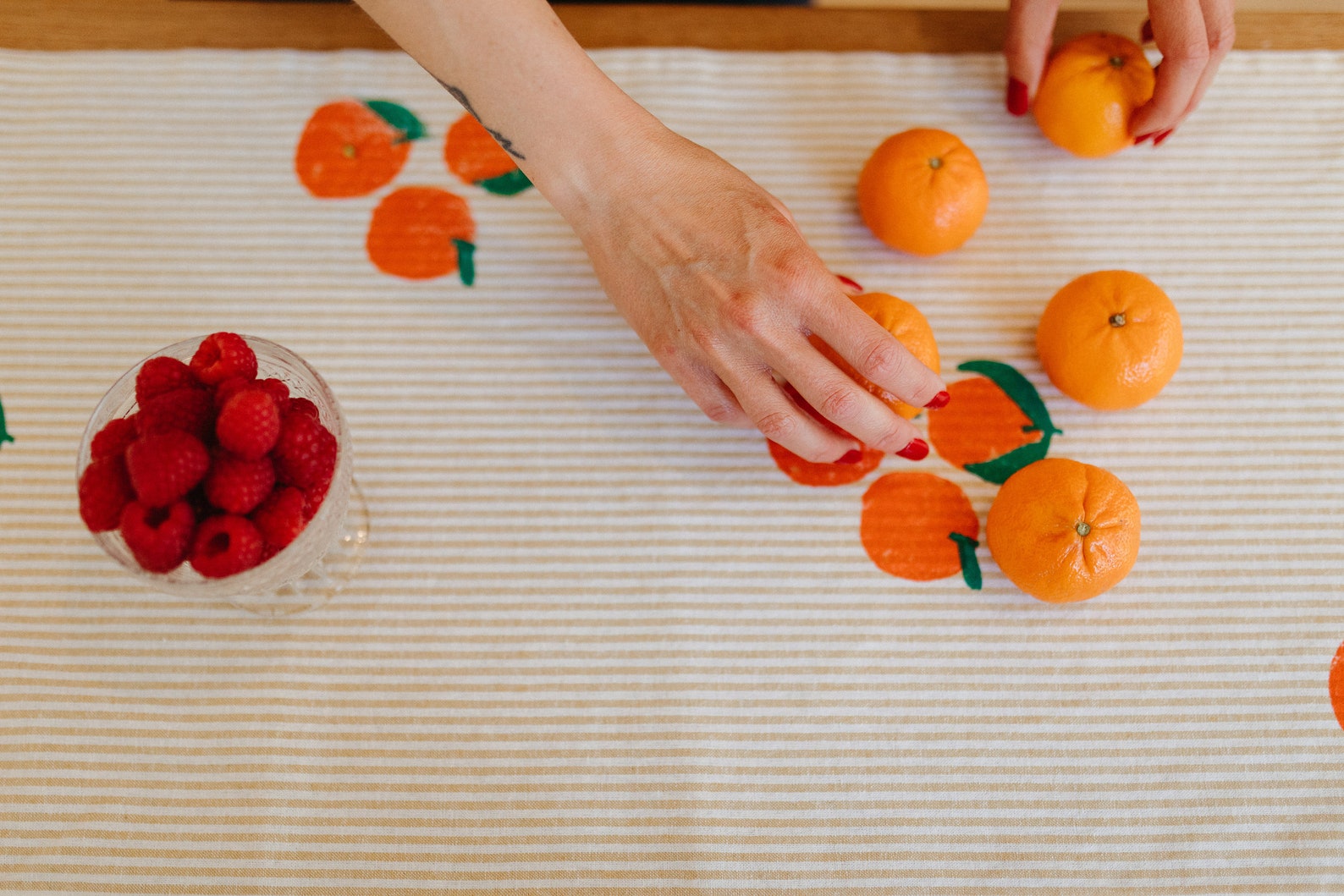 hand block printed table runner. clementines on stripe. boho decor. hostess or housewarming gift. tangerines oranges fruit. - 72 inches