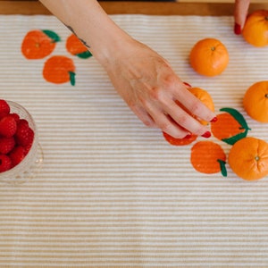 hand block printed table runner. clementines on stripe. boho decor. hostess or housewarming gift. tangerines oranges fruit.