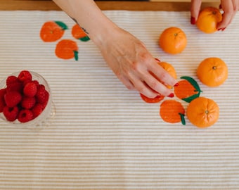 hand block printed table runner. clementines on stripe. boho decor. hostess or housewarming gift. tangerines oranges fruit.