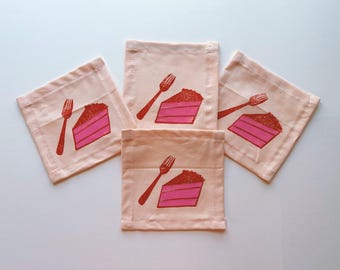 linen cocktail napkins. cake slice on blush. hand block printed. boho decor. hostess or housewarming gift. birthday party decor.