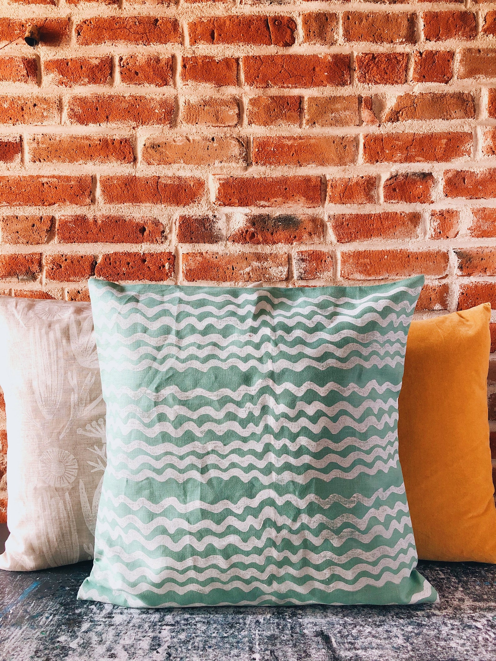 Linen throw pillow. waves on seafoam blue. hand block printed Etsy