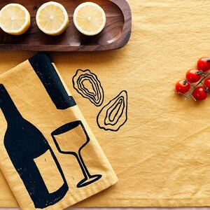 hand block printed table runner. oysters on mustard. boho decor. linen tablecloth. birthday or dinner party decor. image 3
