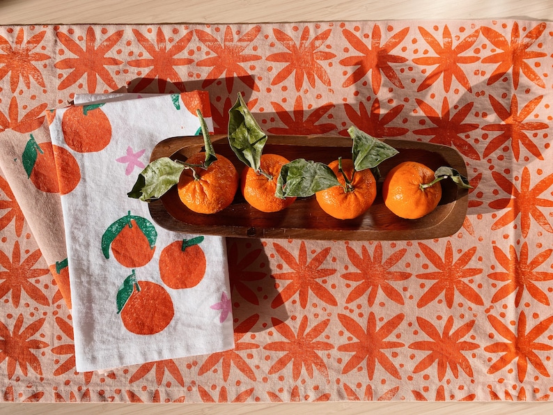 linen dinner napkins. white tangerines. hand block printed. placemats / tea towel. coastal. boho decor. hostess gifting. mother's day. image 5