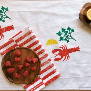 hand block printed table runner. lobster on white. boho decor. linen tablecloth. birthday or dinner party decor. image 4