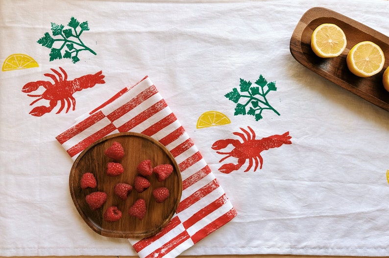 hand block printed table runner. lobster on white. boho decor. linen tablecloth. birthday or dinner party decor. image 4