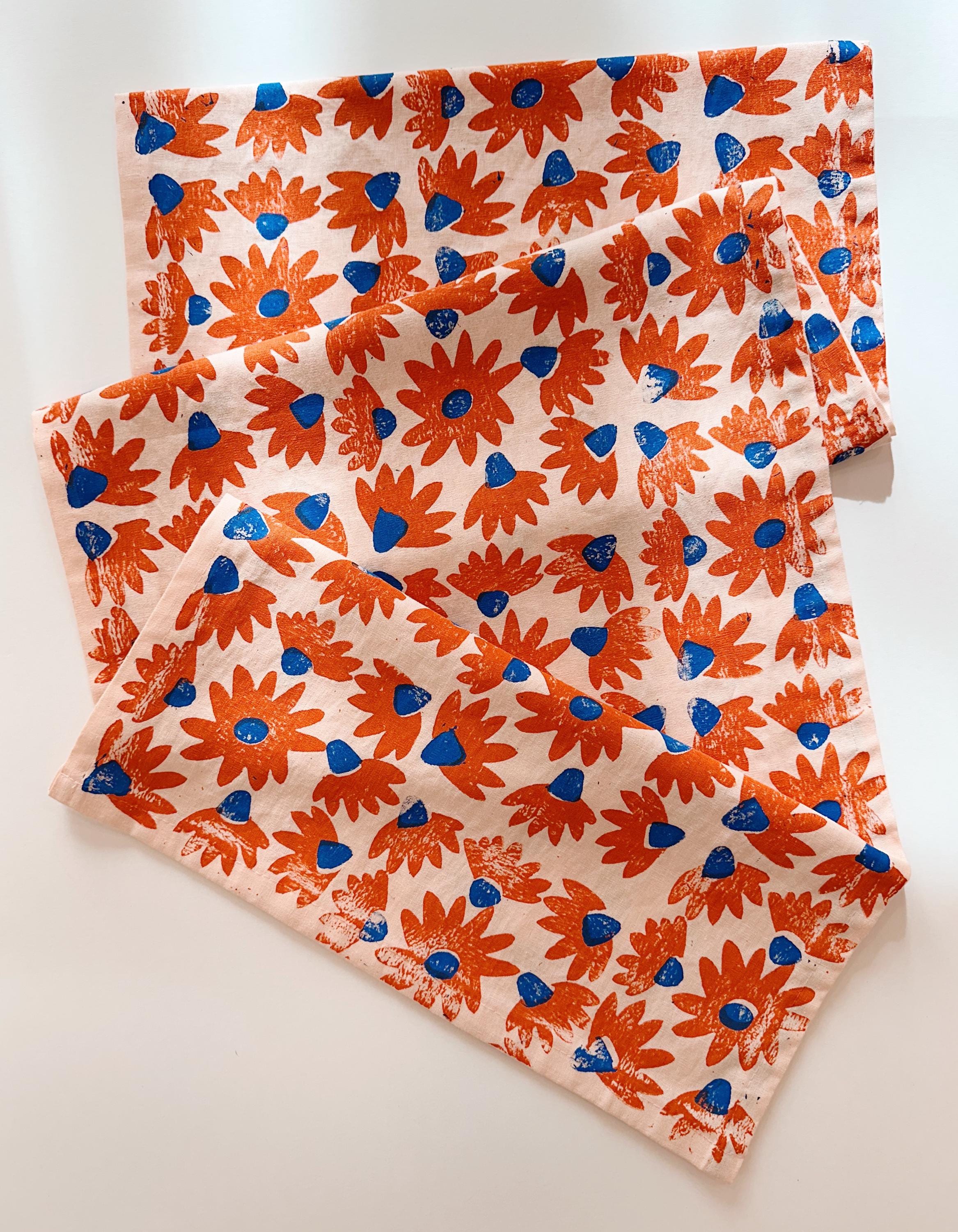 hand block printed table runner. coneflower on blush pink. boho decor. linen tablecloth. birthday or dinner party decor. gardening. floral.