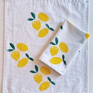 linen dinner napkins. lemons on white. hand block printed. placemats / tea towel. hostess gifting. birthday or dinner party decor. image 5