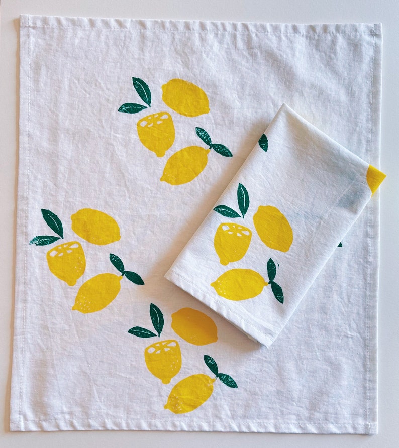 linen dinner napkins. lemons on white. hand block printed. placemats / tea towel. hostess gifting. birthday or dinner party decor. image 5