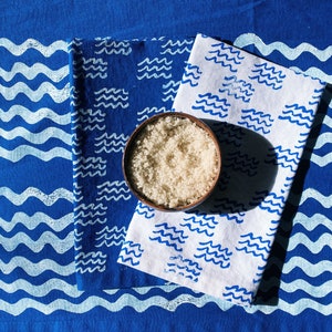 linen dinner napkins. blue mini waves. hand block printed. placemats / tea towel. coastal. boho decor. hostess gifting. image 5