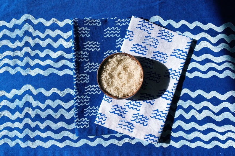 linen dinner napkins. blue mini waves. hand block printed. placemats / tea towel. coastal. boho decor. hostess gifting. image 5