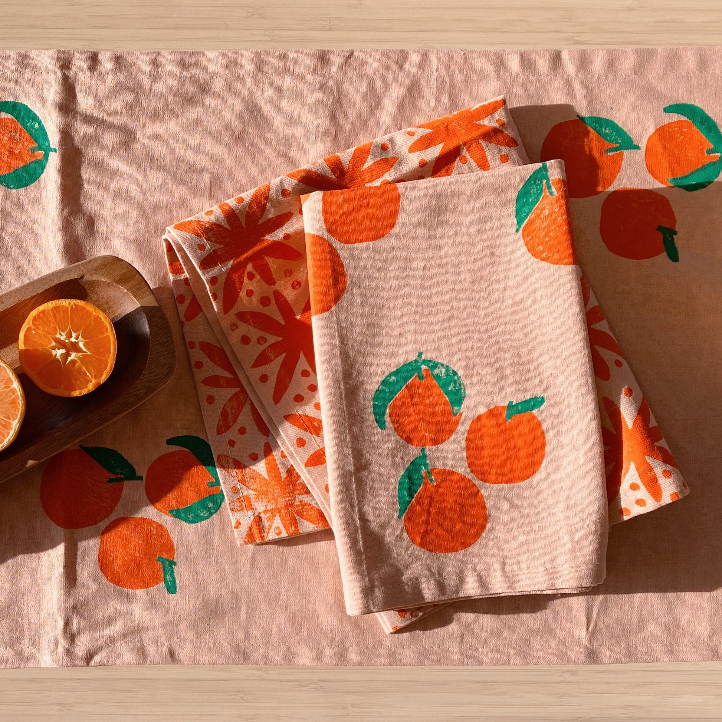 Linen Dinner Napkins. Blush Tangerines. Hand Block Printed