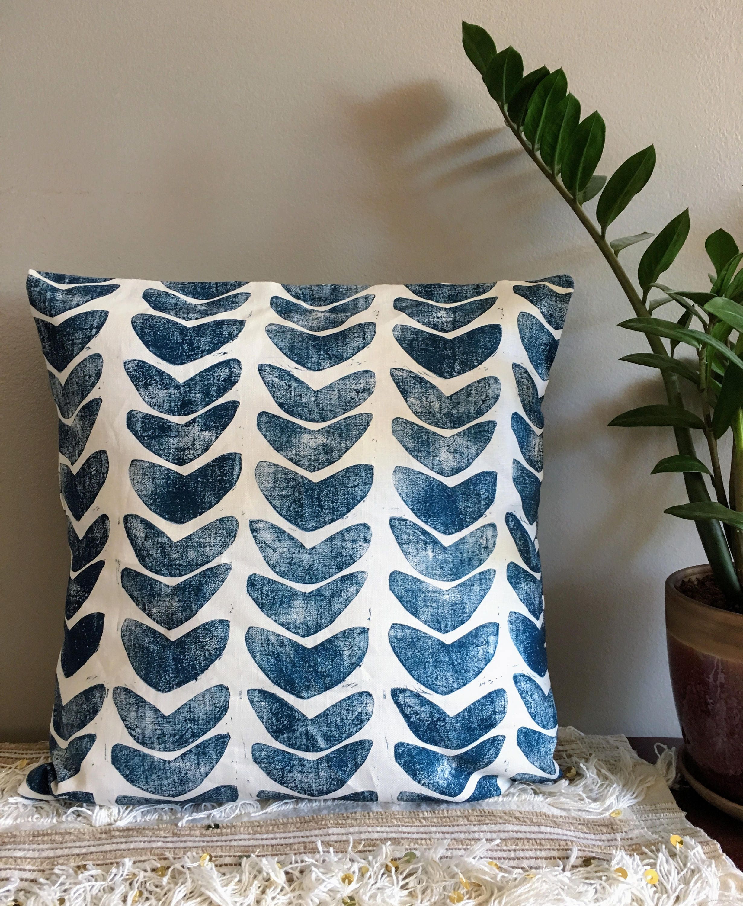 Noix de Cajou Indigo. Bloc Imprimé 20 Oreiller Jet Lin. à Main Imprimé. Décor Boho. Organique. Créma