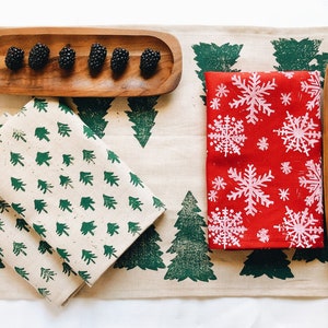 hand block printed linen table runner. forest trees. christmas holiday party. boho decor. hostess. tablecloth. mountain home. 72" 96" 120"