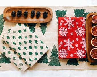 hand block printed linen table runner. forest trees. christmas holiday party. boho decor. hostess. tablecloth. mountain home. 72&quot; 96&quot; 120&quot;