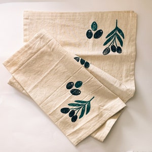 hand block printed linen table runner. olive toss. organic eco-friendly. boho decor. tablecloth. modern. thanksgiving / fall image 2