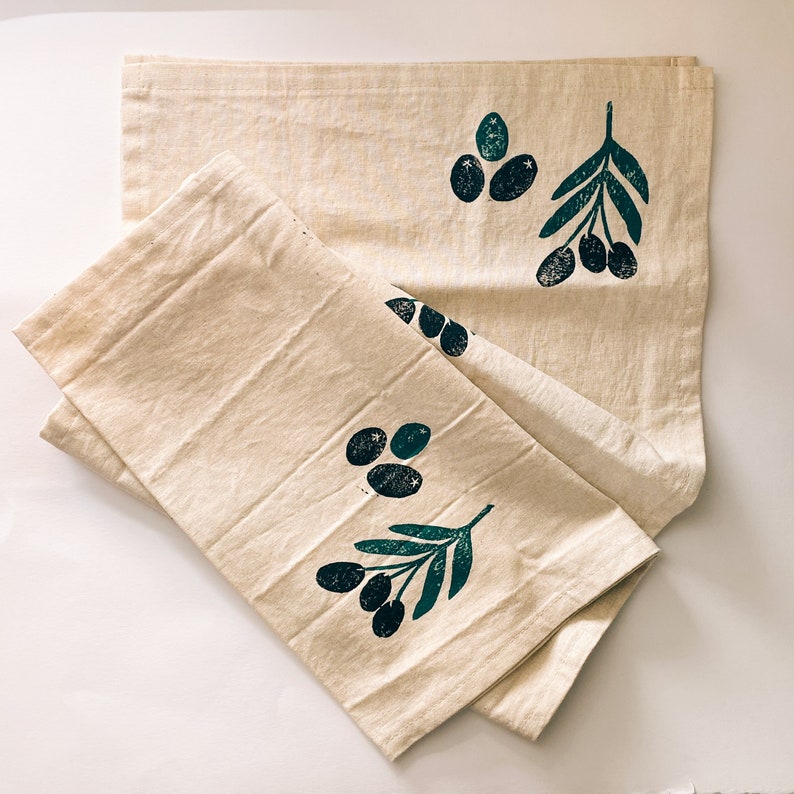 hand block printed linen table runner. olive toss. organic eco-friendly. boho decor. tablecloth. modern. thanksgiving / fall image 2