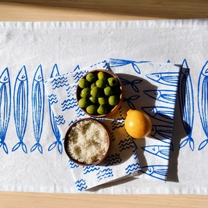 hand block printed table runner. sardines on white. boho decor. beach house. coastal. linen tablecloth. ocean. shore. fish. nautical. image 7