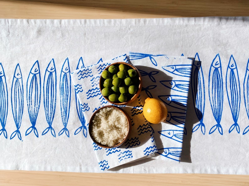 hand block printed table runner. sardines on white. boho decor. beach house. coastal. linen tablecloth. ocean. shore. fish. nautical. image 7