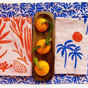 block printed linen napkins. sea things on blush pink. placemats / tea towels. boho home decor. palm beach. cactus. beach house. ocean. image 4