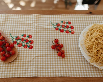 hand block printed table runner. tomatoes on gingham. boho decor. hostess or housewarming gift. cherry tomatoes. mustard. italy.