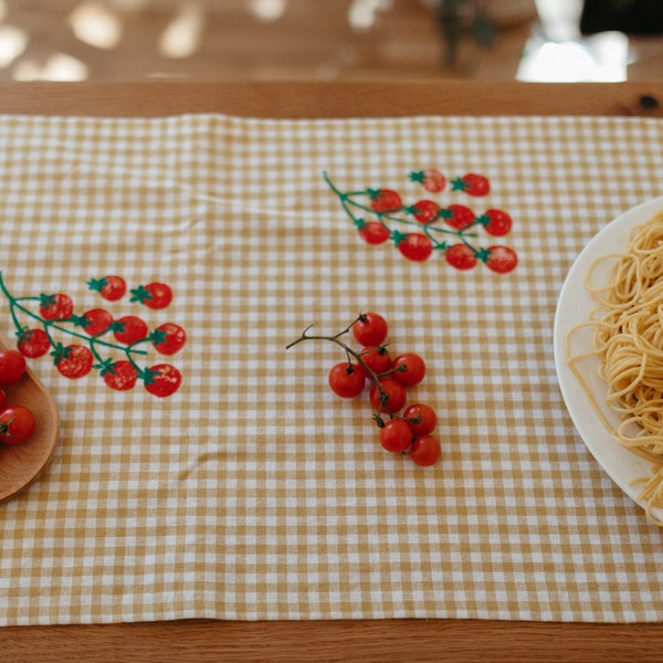 hand block printed table runner. tomatoes on gingham. boho decor. hostess or housewarming gift. cherry tomatoes. mustard. italy.