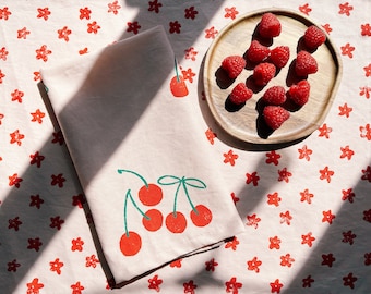 linen dinner napkins. red cherry on blush. hand block printed. placemats / tea towel. fruit. cherries. pink. boho decor. hostess gifting.