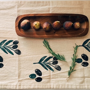 hand block printed linen table runner. olive toss. organic eco-friendly. boho decor. tablecloth. modern. thanksgiving / fall image 4