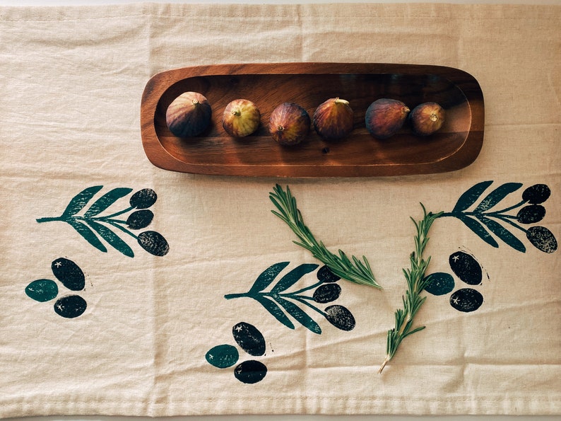 hand block printed linen table runner. olive toss. organic eco-friendly. boho decor. tablecloth. modern. thanksgiving / fall image 4