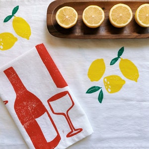 hand block printed table runner. lemon on white. boho decor. linen tablecloth. birthday or dinner party decor. image 3