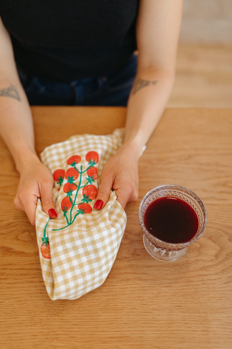 linen dinner napkins. tomatoes on gingham. hand block printed. placemats / tea towel. mustard. italy. boho home. hostess housewarming gift. image 2