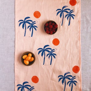 hand block printed linen table runner. palm sunset on blush pink. boho decor. modern pattern. beach house. coastal. tablecloth. hostess gift