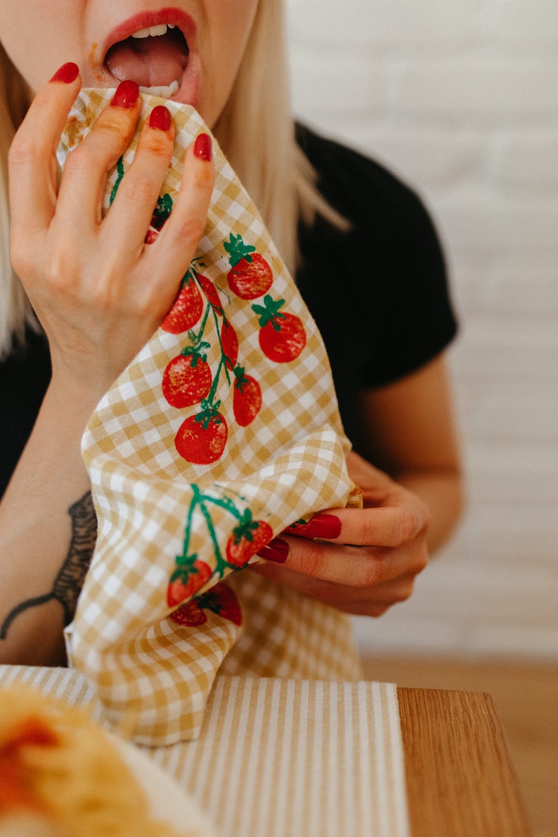 linen dinner napkins. tomatoes on gingham. hand block printed. placemats / tea towel. mustard. italy. boho home. hostess housewarming gift. image 4