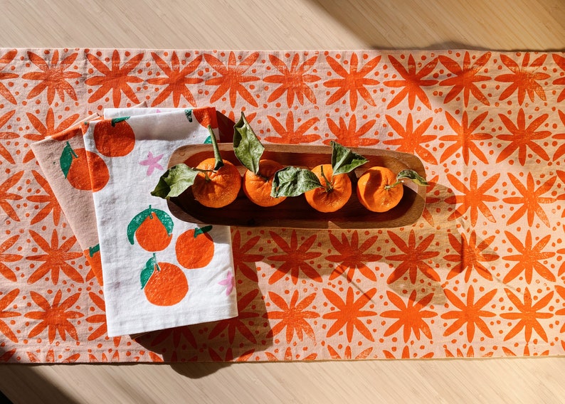 hand block printed table runner. floral dots on blush pink. boho decor. linen tablecloth. preppy beach house. abstract. orange. easter.