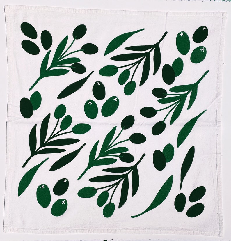 screen printed tea towel. olive toss on white. flour sack cotton. ecofriendly. boho home. hostess gift.
